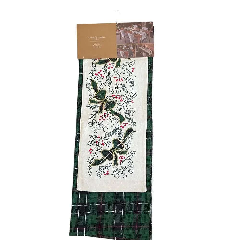 2pc Cupcakes & Cashmere Holly Berry & Bows Double Table Runner Tartan Plaid New